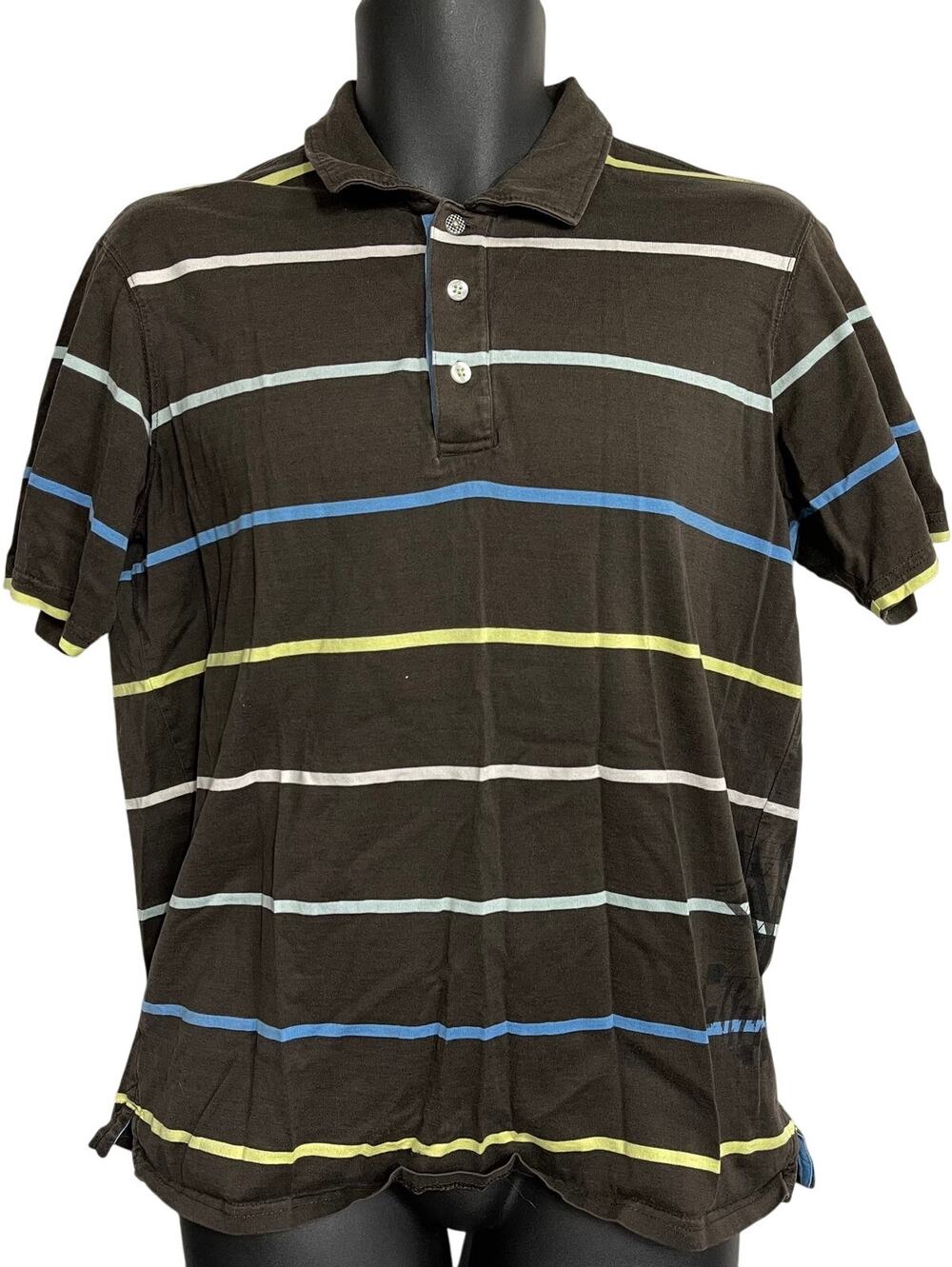 Quiksilver Polo Shirt Men Size M Brown Striped Short Sleeve Collared Cotton Y2K